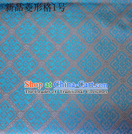 Asian Chinese Traditional Handmade Embroidery Rhombus Pattern Satin Silk Fabric, Top Grade Nanjing Brocade Tang Suit Hanfu Fabric Cheongsam Blue Cloth Material