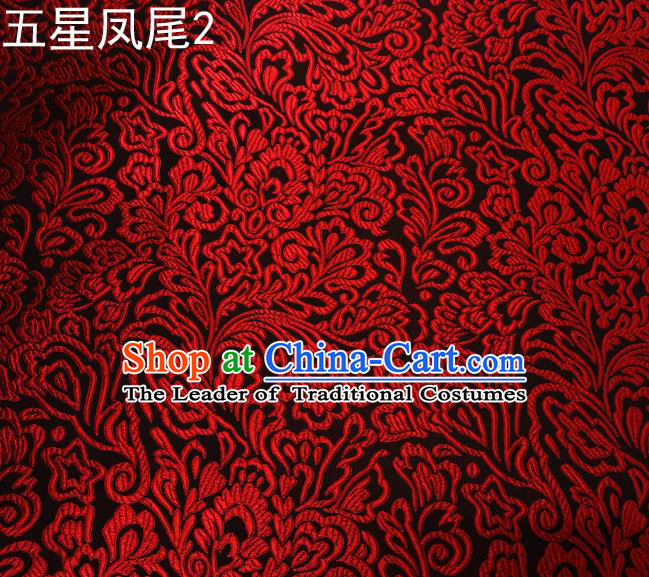 Asian Chinese Traditional Handmade Embroidery Red Five-star Ombre Flowers Satin Black Silk Fabric, Top Grade Nanjing Brocade Tang Suit Hanfu Fabric Cheongsam Cloth Material