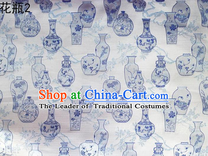 Traditional Asian Chinese Handmade Embroidery Blue Vase Satin Blue Silk Fabric, Top Grade Nanjing Brocade Tang Suit Hanfu Clothing Fabric Cheongsam Cloth Material