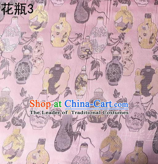 Traditional Asian Chinese Handmade Embroidery Vase Satin Pink Silk Fabric, Top Grade Nanjing Brocade Tang Suit Hanfu Clothing Fabric Cheongsam Cloth Material
