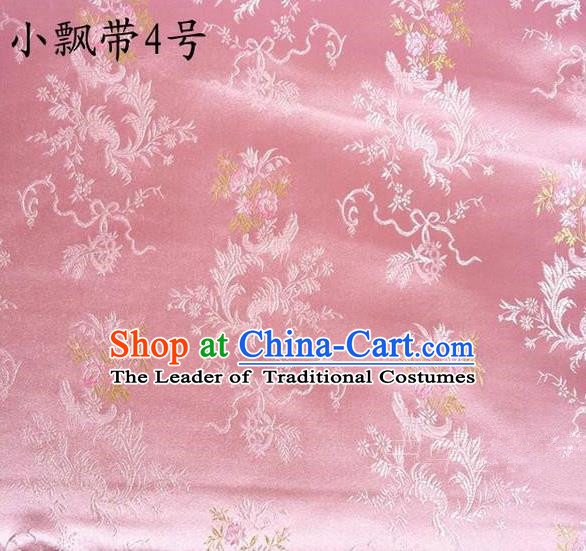 Traditional Asian Chinese Handmade Embroidery Flowers Ribbons Satin Pink Silk Fabric, Top Grade Nanjing Brocade Tang Suit Hanfu Clothing Fabric Cheongsam Cloth Material