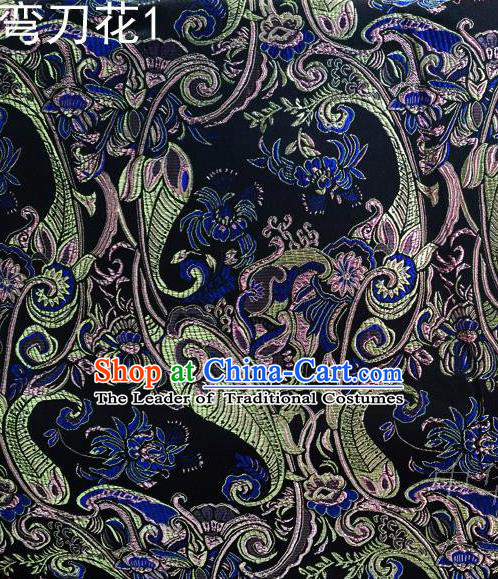 Asian Chinese Traditional Handmade Printing Machetes Flowers Satin Thangka Navy Silk Fabric, Top Grade Nanjing Brocade Tang Suit Hanfu Fabric Cheongsam Cloth Material