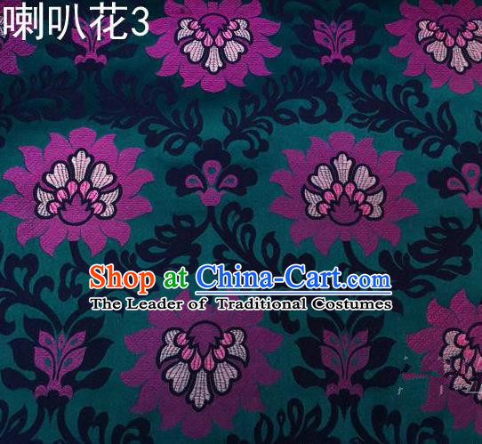 Traditional Asian Chinese Handmade Embroidery Petunia Flowers Satin Deep Green Silk Fabric, Top Grade Nanjing Brocade Tang Suit Hanfu Clothing Fabric Cheongsam Cloth Material