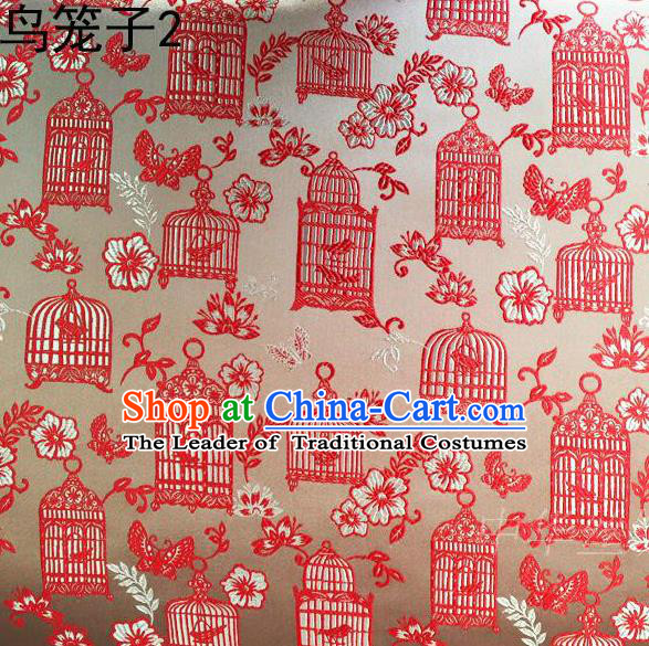 Traditional Asian Chinese Handmade Embroidery Red Birdcage Satin Silk Fabric, Top Grade Nanjing Brocade Tang Suit Hanfu Clothing Fabric Cheongsam Cloth Material
