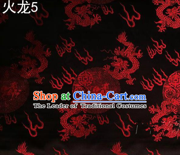 Traditional Asian Chinese Handmade Embroidery Red Fire Dragons Satin Tang Suit Black Silk Fabric, Top Grade Nanjing Brocade Ancient Costume Hanfu Clothing Fabric Cheongsam Cloth Material
