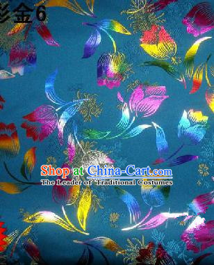 Traditional Asian Chinese Handmade Embroidery Tulip Flowers Satin Tang Suit Blue Fabric, Nanjing Brocade Ancient Costume Hanfu Cheongsam Cloth Material