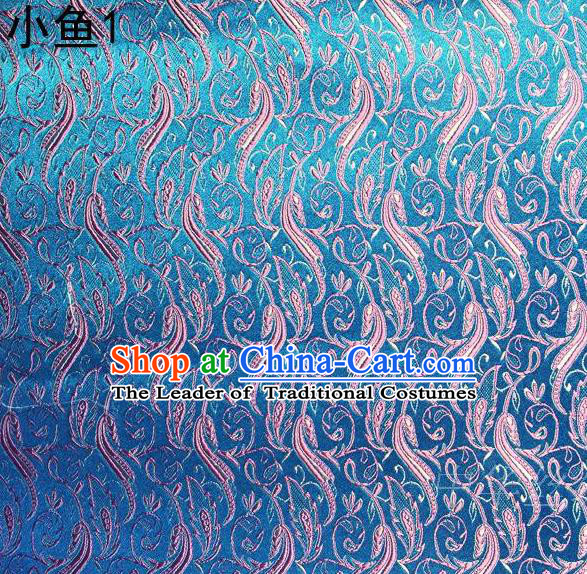 Traditional Asian Chinese Handmade Jacquard Weave Pink Fish Pattern Satin Tang Suit Blue Silk Fabric, Top Grade Nanjing Brocade Ancient Costume Hanfu Clothing Fabric Cheongsam Cloth Material