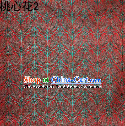 Traditional Asian Chinese Handmade Embroidery Blue Peach Hearts Flowers Satin Tang Suit Red Silk Fabric, Top Grade Nanjing Brocade Ancient Costume Hanfu Clothing Cheongsam Cloth Material