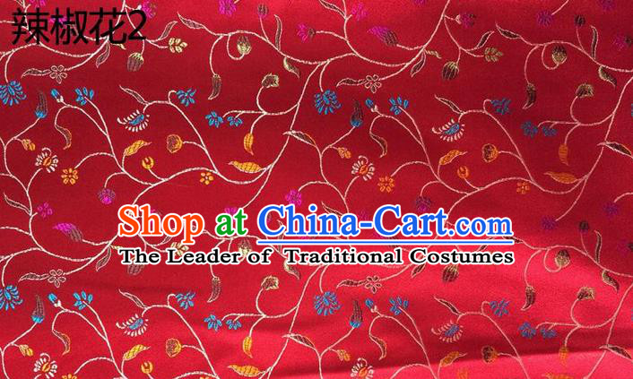 Traditional Asian Chinese Handmade Embroidery Pepper Flowers Pattern Silk Satin Tang Suit Red Fabric, Nanjing Brocade Ancient Costume Hanfu Cheongsam Cloth Material