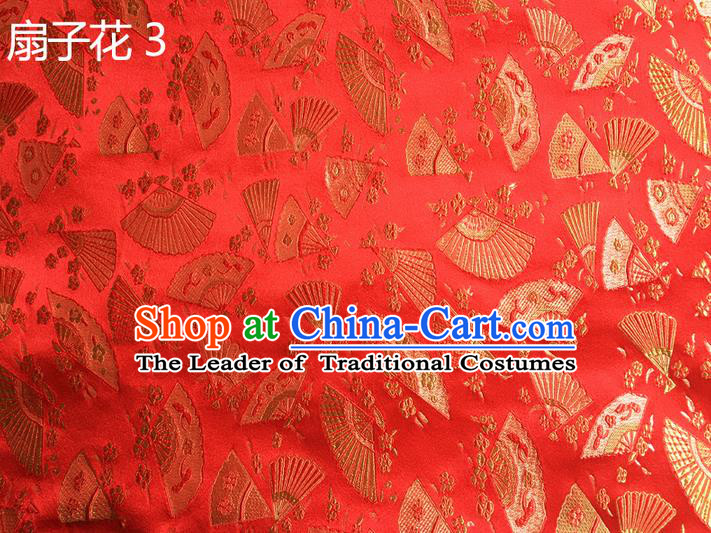 Traditional Asian Chinese Handmade Embroidery Fans Flowers Silk Satin Tang Suit Red Fabric, Nanjing Brocade Ancient Costume Hanfu Cheongsam Cloth Material