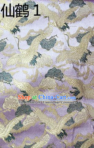 Traditional Asian Chinese Handmade Embroidery Cranes Kimono Silk Satin Tang Suit Lilac Fabric, Nanjing Brocade Ancient Costume Hanfu Cheongsam Cloth Material