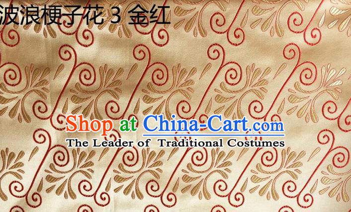 Traditional Asian Chinese Handmade Embroidery Wave Stem Flowers Silk Satin Tang Suit Golden Fabric, Nanjing Brocade Ancient Costume Hanfu Cheongsam Cloth Material