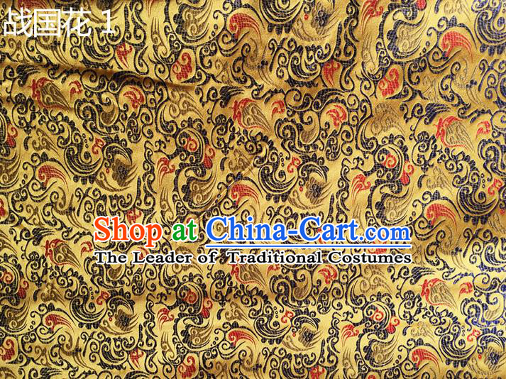 Traditional Asian Chinese Handmade Embroidery Flowers Silk Satin Tang Suit Golden Fabric, Nanjing Brocade Ancient Costume Hanfu Cheongsam Cloth Material