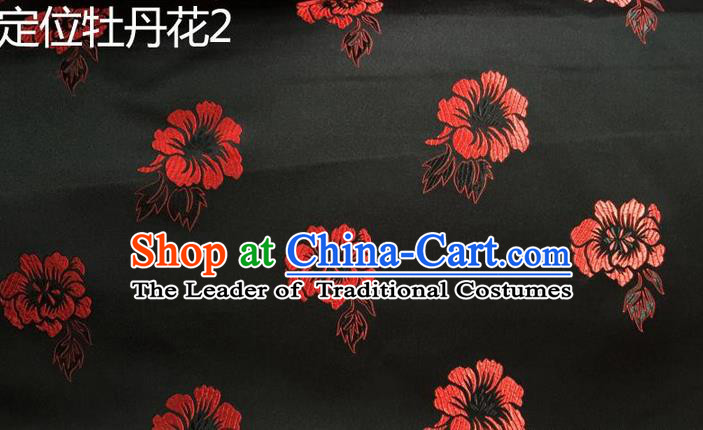 Traditional Asian Chinese Handmade Embroidery Red Peony Flowers Silk Satin Tang Suit Black Fabric, Nanjing Brocade Ancient Costume Hanfu Cheongsam Cloth Material