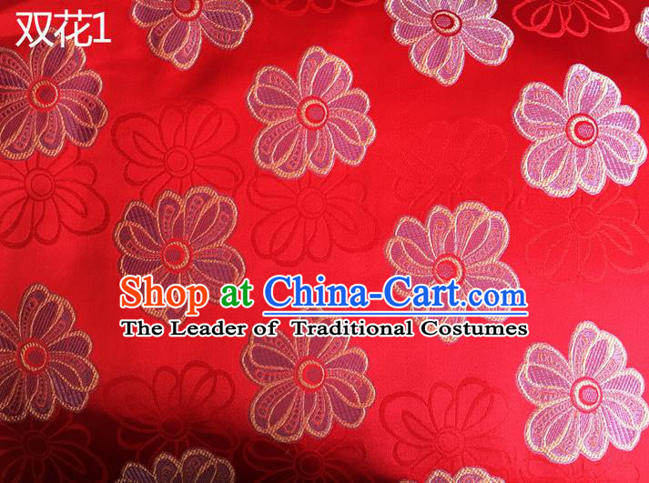 Traditional Asian Chinese Handmade Embroidery Flowers Silk Satin Tang Suit Red Fabric Drapery, Nanjing Brocade Ancient Costume Hanfu Cheongsam Cloth Material