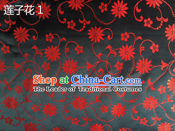 Traditional Asian Chinese Handmade Embroidery Lotus Flowers Silk Satin Tang Suit Black Fabric Drapery, Nanjing Brocade Ancient Costume Hanfu Cheongsam Cloth Material