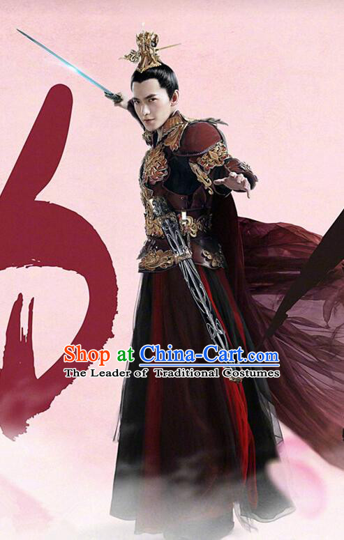 Asian Chinese Traditional Crown General Costume and Headpiece Complete Set, Films Once Upon a Time China Prince Armour Clothing for Men