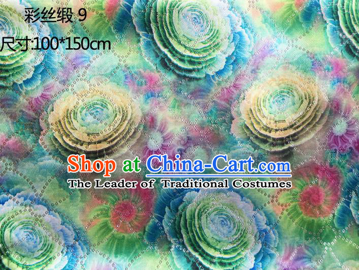 Traditional Asian Chinese Handmade Printing Peony Flowers Color Silk Satin Tang Suit Green Fabric Drapery, Nanjing Brocade Ancient Costume Hanfu Cheongsam Cloth Material