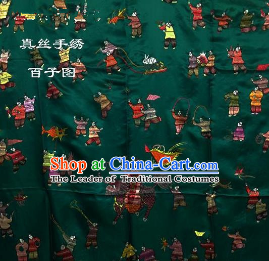 Traditional Asian Chinese Handmade Embroidery Hundred Sons Quilt Cover Silk Tapestry Deep Green Fabric Drapery, Top Grade Nanjing Brocade Bed Sheet Cloth Material