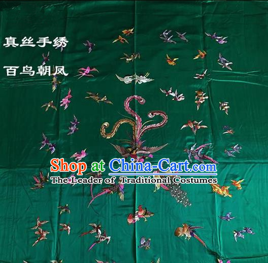 Traditional Asian Chinese Handmade Embroidery Song of the Phoenix Quilt Cover Silk Tapestry Green Fabric Drapery, Top Grade Nanjing Brocade Bed Sheet Cloth Material