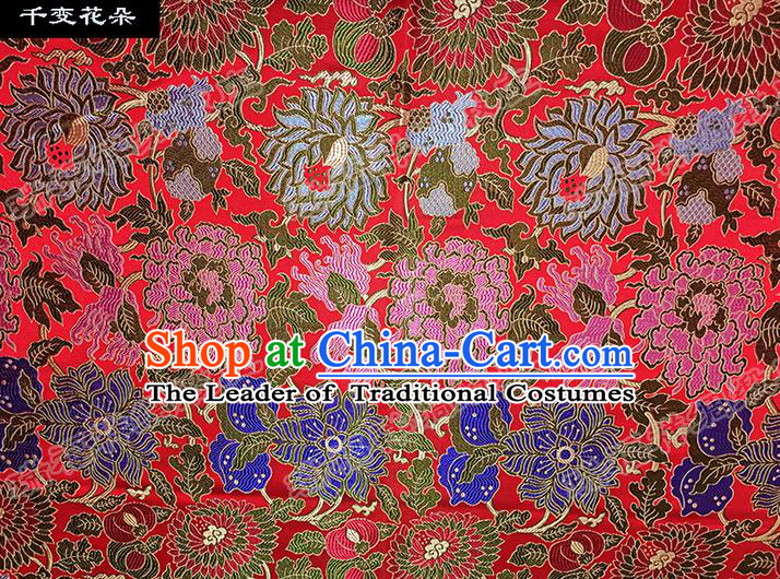 Traditional Asian Chinese Handmade Embroidery Flowers Silk Satin Tang Suit Red Fabric Drapery, Nanjing Brocade Ancient Costume Hanfu Cheongsam Cloth Material