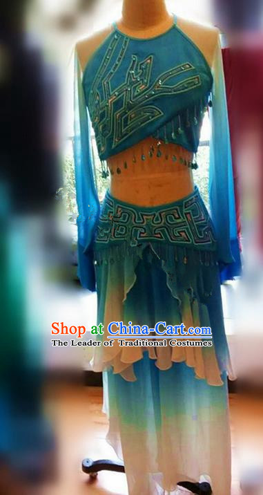 Traditional Ancient Chinese National Folk Dance Costume, Elegant Hanfu China Classical Dance Blue Dress Clothing for Women