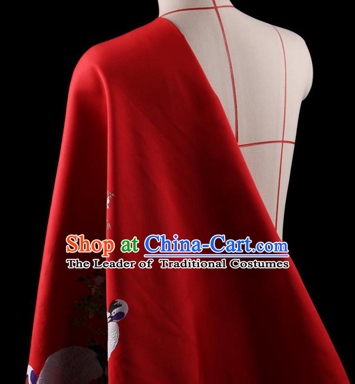 Traditional Asian Chinese Handmade Printing Cranes Dress Silk Satin Red Fabric Drapery, Top Grade Nanjing Brocade Ancient Costume Cheongsam Cloth Material