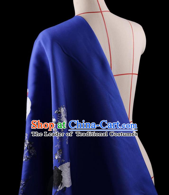 Traditional Asian Chinese Handmade Printing Cranes Dress Silk Satin Blue Fabric Drapery, Top Grade Nanjing Brocade Ancient Costume Cheongsam Cloth Material