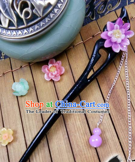 Traditional Handmade Chinese Ancient Classical Hair Accessories Peach Wood Hairpins, Purple Flower Tassel Step Shake Hair Stick Hair Fascinators for Women