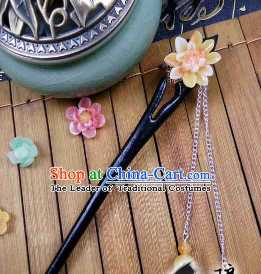 Traditional Handmade Chinese Ancient Classical Hair Accessories Peach Wood Hairpins, Yellow Flower Tassel Step Shake Hair Stick Hair Fascinators for Women