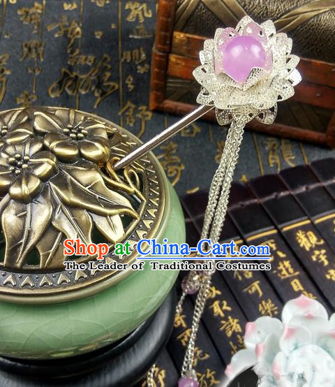 Traditional Handmade Chinese Ancient Classical Hair Accessories Lotus Hairpins, Pink Bead Tassel Step Shake Hair Stick Hair Fascinators for Women