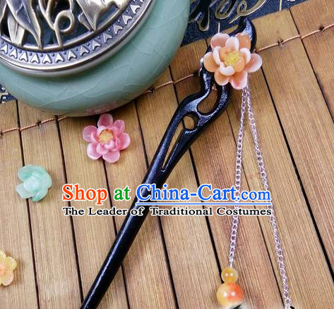Traditional Handmade Chinese Ancient Classical Hair Accessories Ebony Hairpins, Princess Orange Flower Tassel Step Shake Headpiece for Women