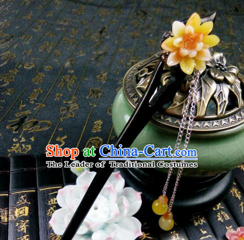Traditional Handmade Chinese Ancient Classical Hair Accessories Ebony Hairpins, Princess Yellow Peach Blossom Tassel Step Shake Headpiece for Women
