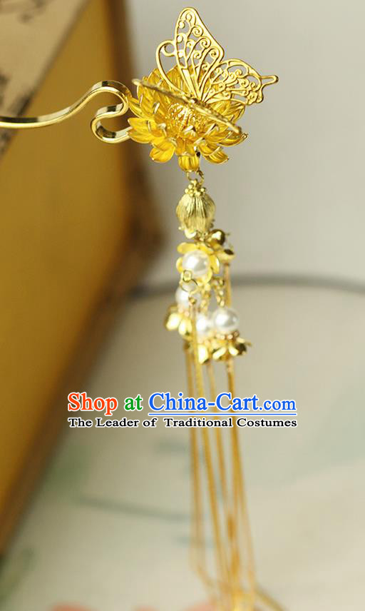 Chinese Ancient Style Hair Jewelry Accessories Wedding Barrettes Butterfly Lotus Flower Hairpins, Hanfu Xiuhe Suits Tassel Step Shake Bride Handmade Hairpins for Women