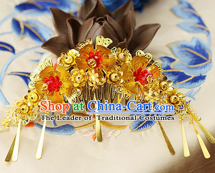 Asian Chinese Ancient Style Hair Jewelry Accessories Wedding Hair Comb, Lotus Step Shake Hanfu Xiuhe Suits Bride Handmade Hair Sticks Hairpins for Women