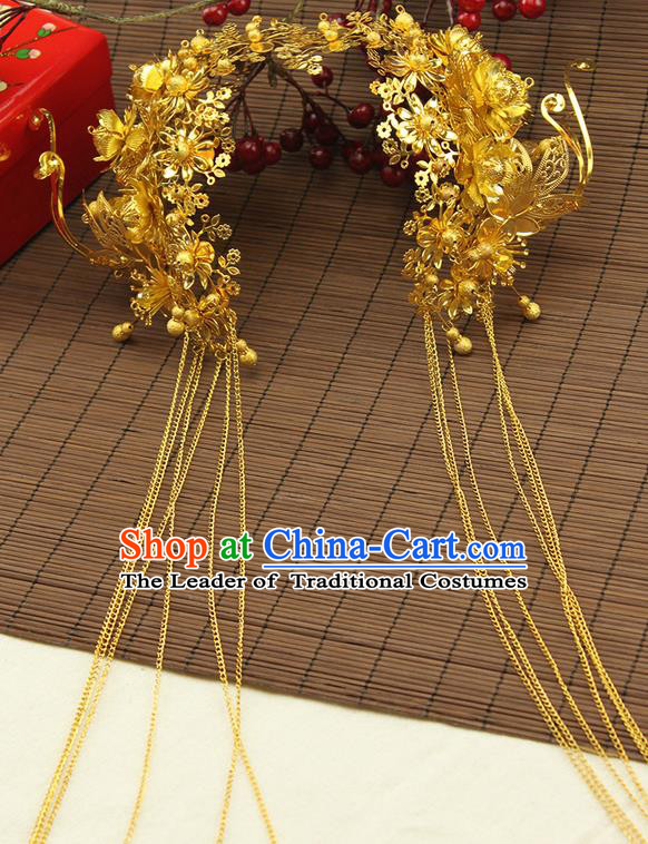 Asian Chinese Ancient Style Hair Jewelry Accessories Wedding Tassel Golden Hair Clasp, Step Shake Hanfu Xiuhe Suits Bride Handmade Phoenix Crown for Women