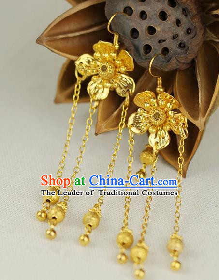 Chinese Ancient Style Hair Jewelry Accessories Wedding Golden Flower Earrings, Hanfu Xiuhe Suits Bride Handmade Eardrop for Women