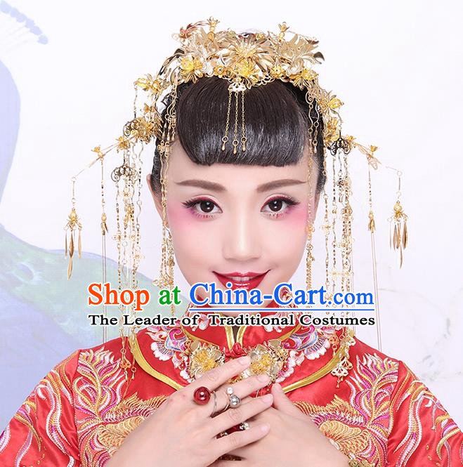 Chinese Ancient Style Hair Jewelry Accessories Wedding Luxury Tassel Hairpins, Hanfu Xiuhe Suits Step Shake Bride Handmade Phoenix Coronet Complete Set for Women