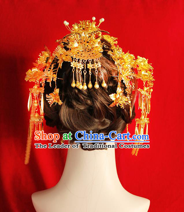 Chinese Ancient Style Hair Jewelry Accessories Wedding Tassel Hairpins Complete Set, Hanfu Xiuhe Suits Step Shake Bride Tuinga Handmade Phoenix Coronet for Women