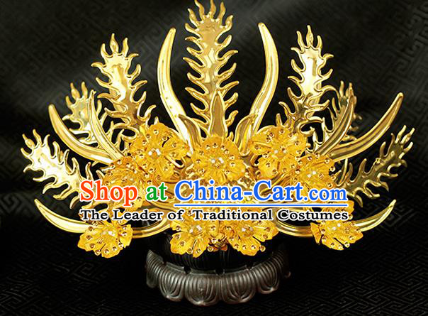 Chinese Ancient Style Hair Jewelry Accessories Wedding Golden Phoenix Coronet, Hanfu Xiuhe Suits Step Shake Bride Handmade Hairpins for Women