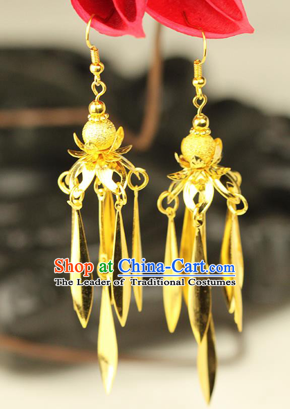 Chinese Ancient Style Hair Jewelry Accessories Wedding Imperial Consort Earrings, Hanfu Xiuhe Suits Bride Handmade Golden Eardrop for Women