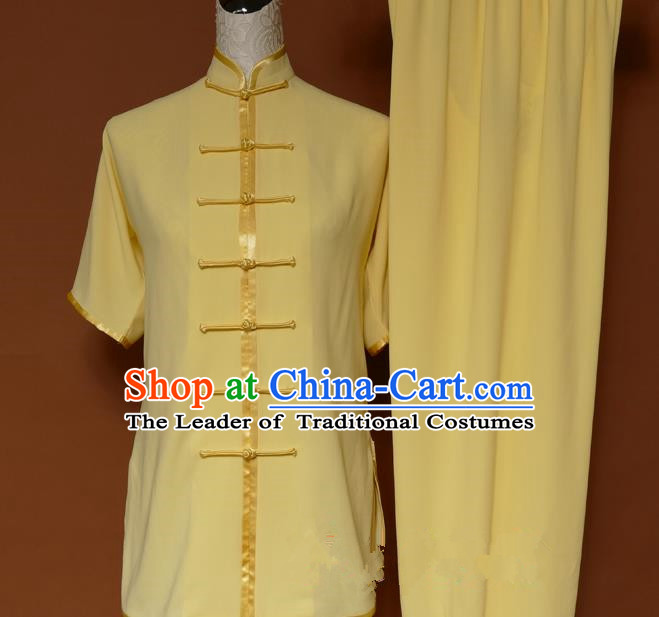 Top Grade Kung Fu Costume Asian Chinese Martial Arts Kung Fu Training Uniform, China Gongfu Shaolin Wushu Yellow Clothing for Women