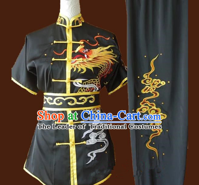 Top Grade Kung Fu Costume Asian Chinese Martial Arts Tai Chi Training Black Uniform, China Embroidery Dragon Gongfu Shaolin Wushu Clothing for Men