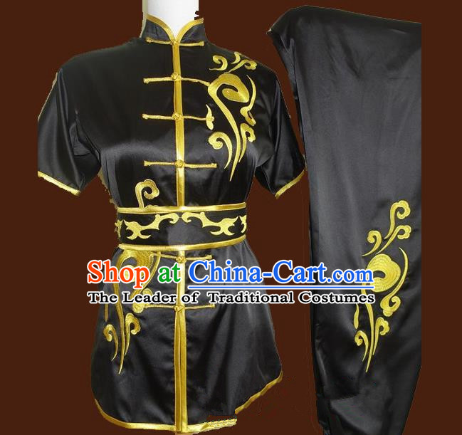 Top Grade Kung Fu Costume Asian Chinese Martial Arts Tai Chi Training Black Uniform, China Embroidery Gongfu Shaolin Wushu Clothing for Men for Women