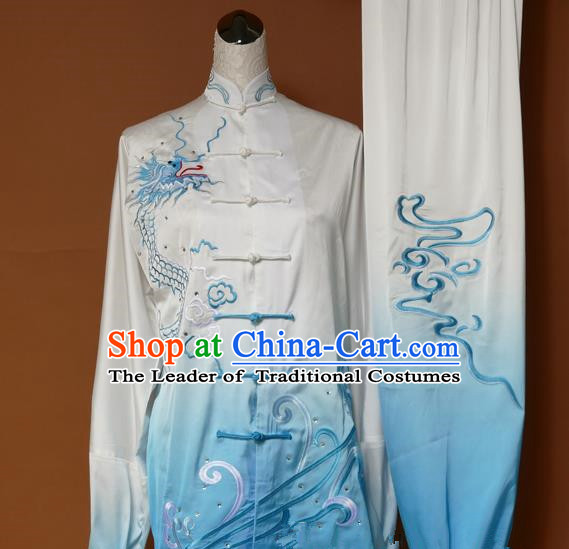 Top Grade Kung Fu Costume Asian Chinese Martial Arts Tai Chi Training Blue Uniform, China Embroidery Dragon Gongfu Shaolin Wushu Clothing for Women