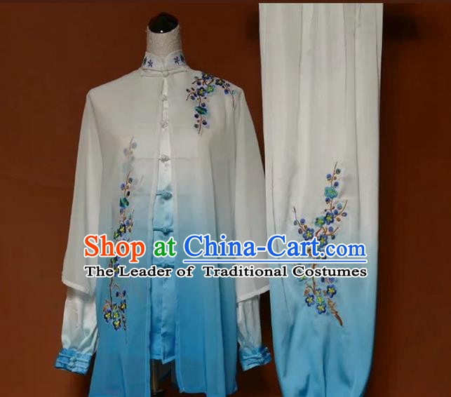 Asian Chinese Top Grade Silk Kung Fu Costume Martial Arts Tai Chi Training Suit, China Gongfu Shaolin Wushu Embroidery Wintersweet Gradient Blue Uniform for Women