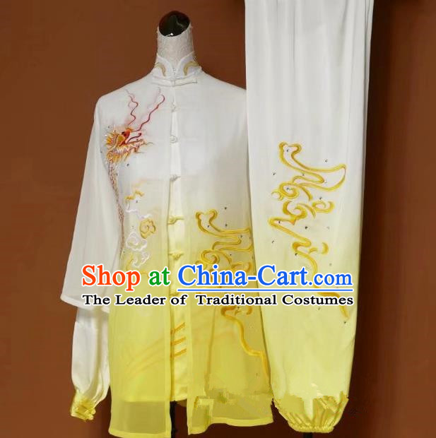 Top Grade Kung Fu Silk Costume Asian Chinese Martial Arts Tai Chi Training Yellow Cardigan Uniform, China Embroidery Dragon Gongfu Shaolin Wushu Clothing for Women