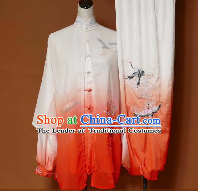Top Grade Kung Fu Silk Costume Asian Chinese Martial Arts Tai Chi Training Orange Uniform, China Embroidery Crane Gongfu Shaolin Wushu Clothing for Men