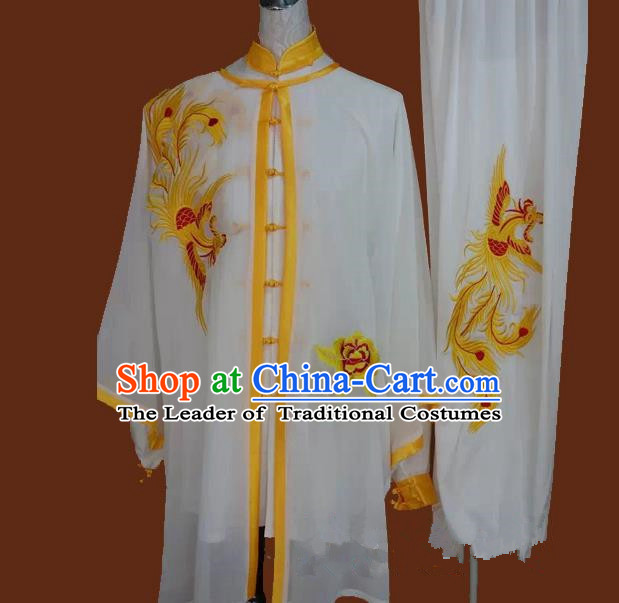 Top Grade Kung Fu Silk Costume Asian Chinese Martial Arts Tai Chi Training Uniform, China Embroidery Yellow Phoenix Gongfu Shaolin Wushu Clothing for Men for Women