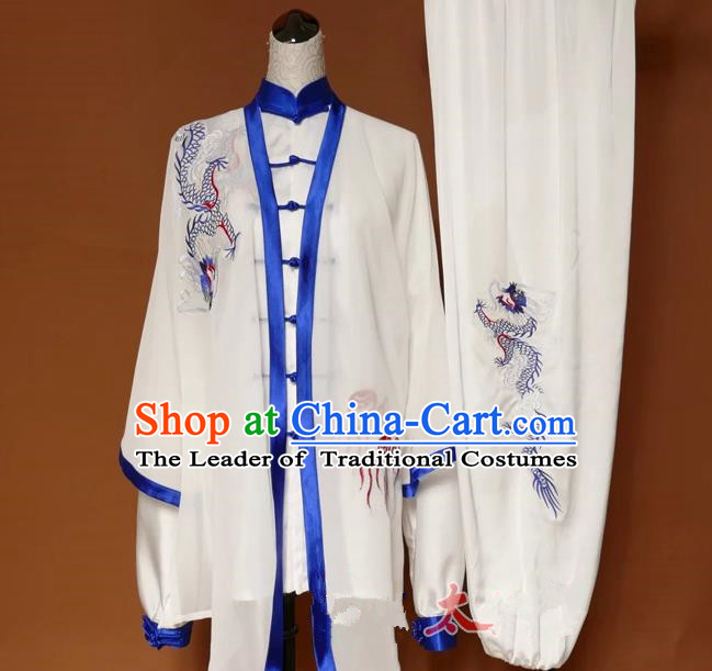 Top Grade Kung Fu Silk Costume Asian Chinese Martial Arts Tai Chi Training Uniform, China Embroidery Blue Dragon Gongfu Shaolin Wushu Clothing for Men for Women